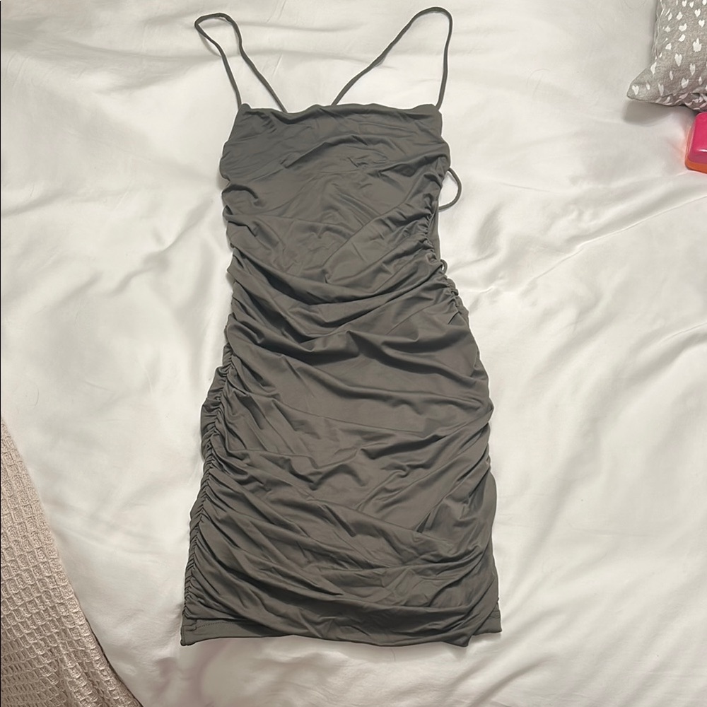 Chic army green Ruched Mini Dress